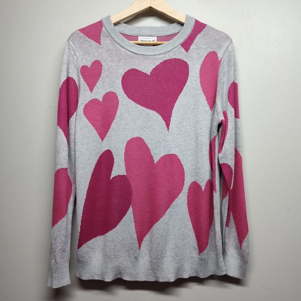 For The Republic Knit Sweater Women L Gray Pink Heart Girly Spring Casual